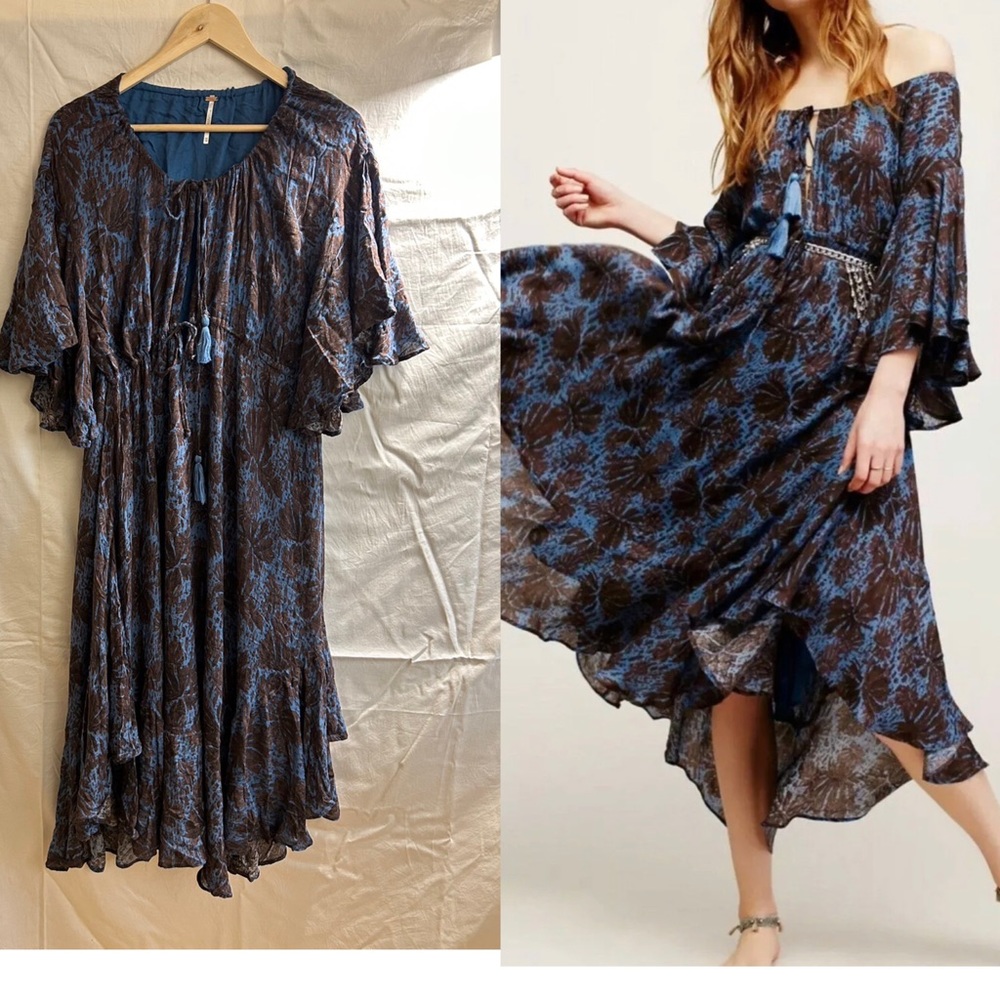 FREE PEOPLE THE ISLAND LIFE BOHO MIDI DRESS SIZE XS SMALL BLUE